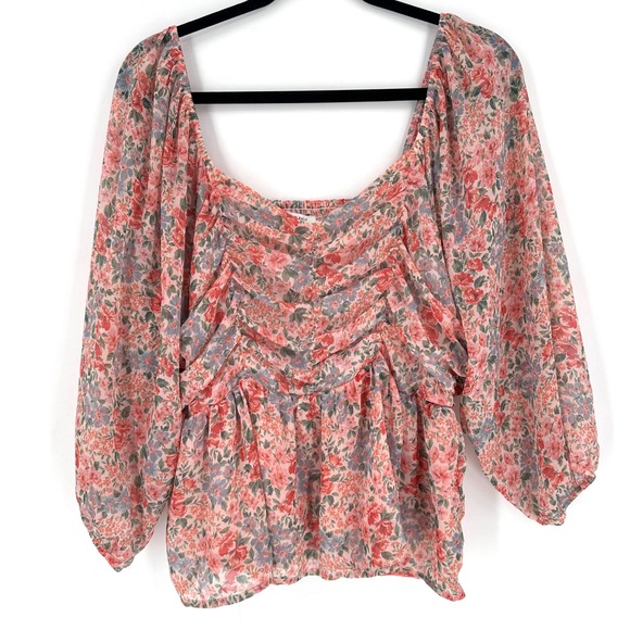 American Eagle Floral Ruched Blouse Womens XL Pink Chiffon Coquette Feminine - Picture 2 of 12